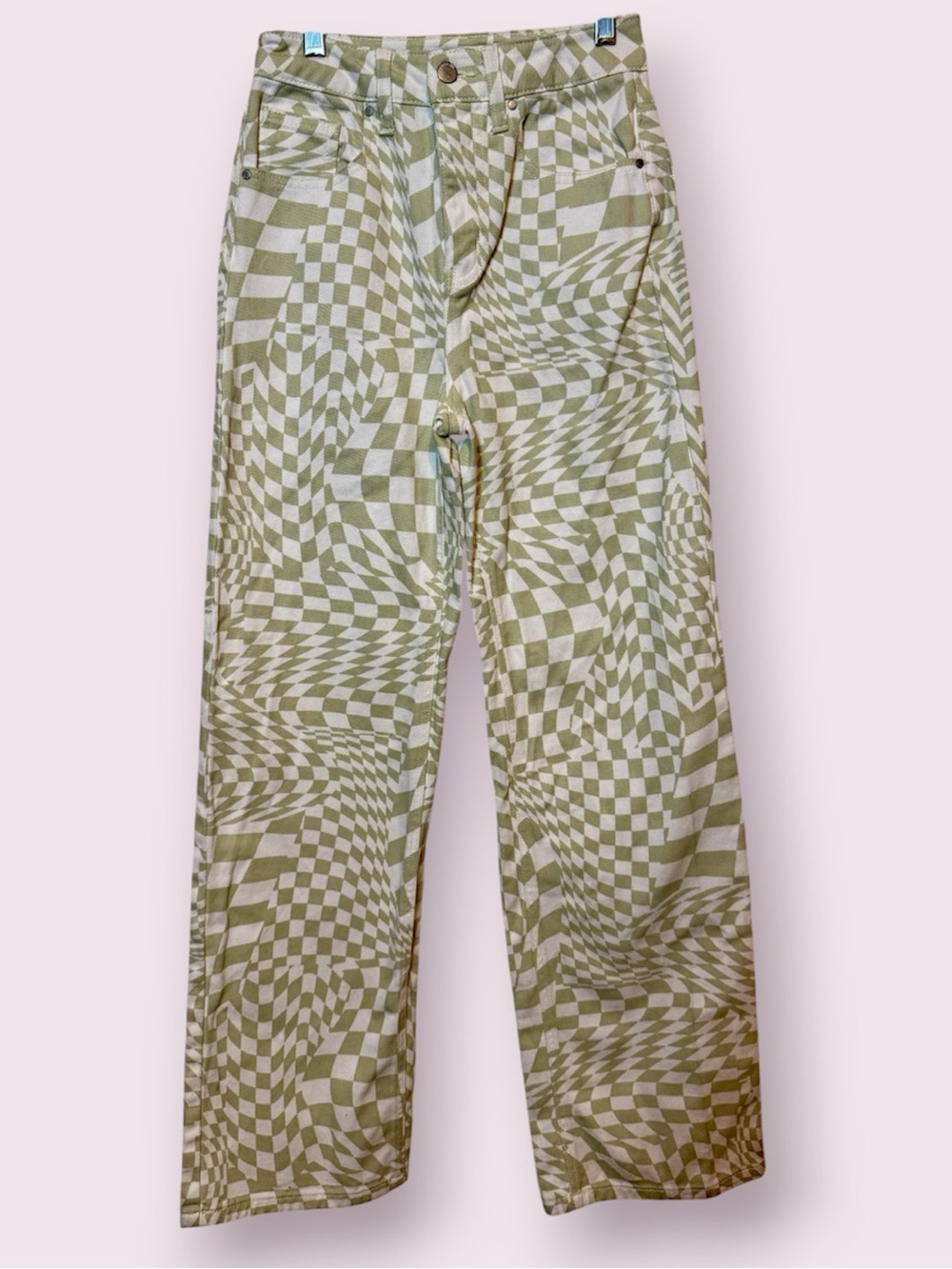 RSQ Green & White Trippy Checkered High Waisted Baggy Straight Leg Jeans Size 24